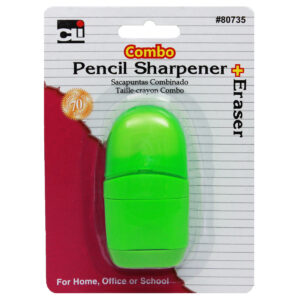 Pencil Sharpener-Eraser Combo, 1 Hole with Eraser, Plastic, with Receptacle, Assorted Colors