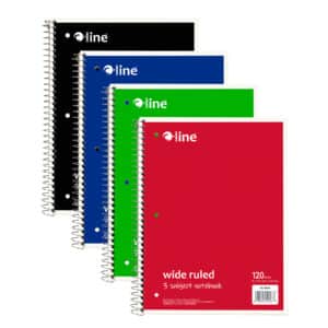 3-Subject Notebook, Wide Ruled, 120 Sheets, Assorted Colors