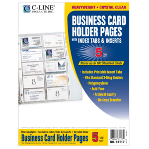 Business Card Holder, Poly with Tabs, Holds 20 Cards-Page, 11" x 8-1-2", Pack of 5