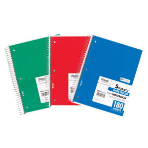 Spiral Notebook, 5 Subject, Wide Ruled Paper, 180 Sheets, 10-1-2" x 8", Assorted Colors, 1 Count