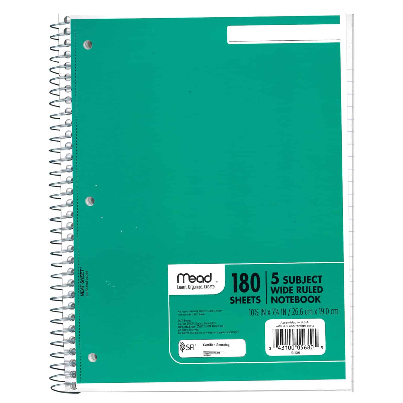 Wild Ruled Notebook Spiral Notebook, 5 Subject, Wide Ruled Paper, 180 Sheets, 10-1-2
