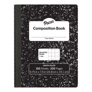 Composition Book, Black Marble, 1 cm Quadrille Ruled 9-3-4" x 7-1-2", 100 Sheets