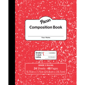 Composition Book, Grade 3, Red Marble, 3-8" x 3-16" x 3-16" Ruled, 9-3-4" x 7-3-4", 24 Sheets