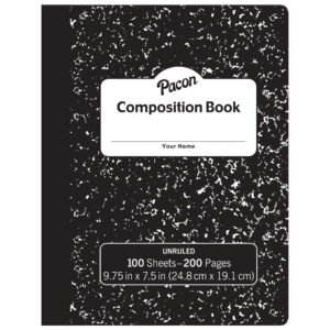 Composition Book, Black Marble, Unruled 9-3-4" x 7-1-2", 100 Sheets