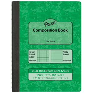 Dual Ruled Composition Book, Green, 1-4 in grid and 3-8 in (wide) 9-3-4" x 7-1-2", 100 Sheets