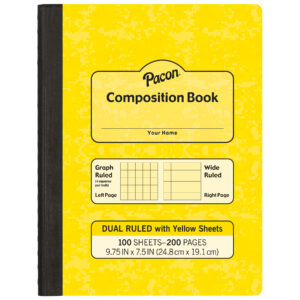 Dual Ruled Composition Book, Yellow, 1-4 in grid and 3-8 in (wide) 9-3-4" x 7-1-2", 100 Sheets