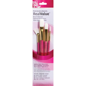 RealValue Brush Set, White Taklon Bristles, Short Handle Mixed Media Paintbrush, Pink, 4 Pieces
