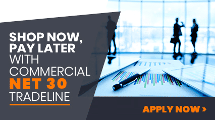 Banner ad promoting commercial NET 30 tradeline financing with the call-to-action 'SHOP NOW, PAY LATER' and 'APPLY NOW,' shown with a professional setting and financial charts.