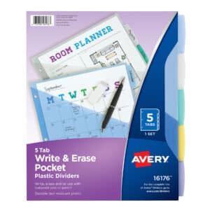 Write & Erase Durable Plastic Dividers with Pockets, 5-Tab Set, Multicolor