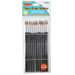 Water Color Paint Brushes with Round Pointed Tip, # 6, 11-16", Camel Hair, Black Handle, Pack of 12