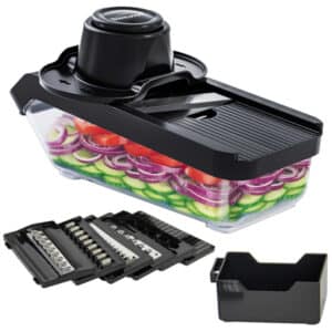 Mandoline Slicer and Cheese Grater with 3.6-Cup Storage Container and 6 Interchangeable Stainless Steel Blades, Black