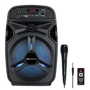 8-Watt-RMS Portable Bluetooth(R) Rechargeable Speaker with 8-In. Woofer, Lights, TWS, USB-MicroSD(TM)-Aux-Mic Inputs, Control Panel, Mic, Remote